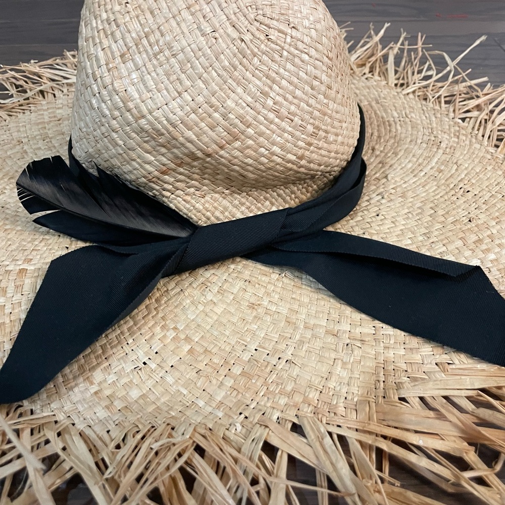GIGI BURRIS MILLINERY ETE NATURAL feather grosgrain ribbon frayed straw hat - Picture 9 of 15